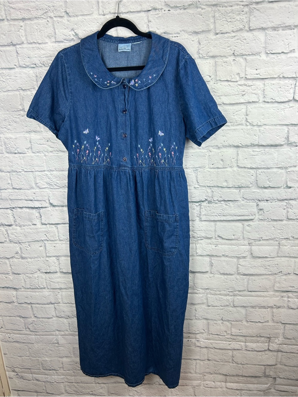 Bobbie Brooks Denim Maxi Dress Floral Butterfly Embroidered Cottagecore XL